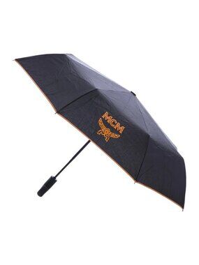 MCM Black Folding Umbrella with Orange Logo Trim